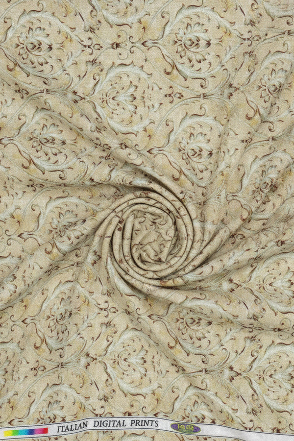 Brown Pee Gee Linen digital print unstitched shirting fabric, showcasing intricate patterns and soft texture.