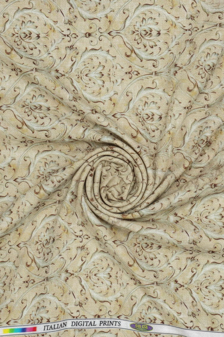 Beige fabric with intricate floral pattern, brand 'Italian Digital Prints' visible