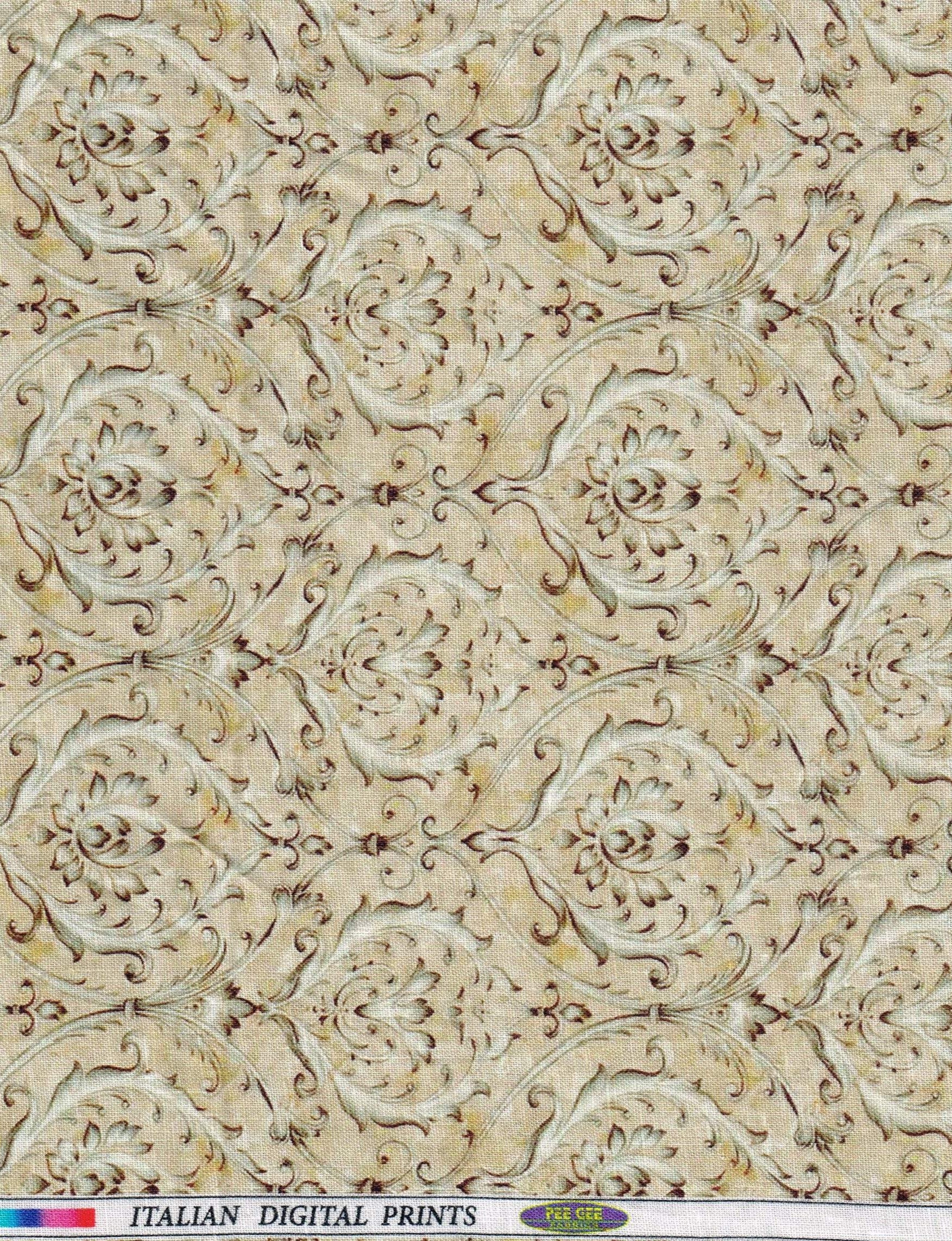 Beige fabric with intricate brown pattern, labeled 'Italian Digital Prints'.