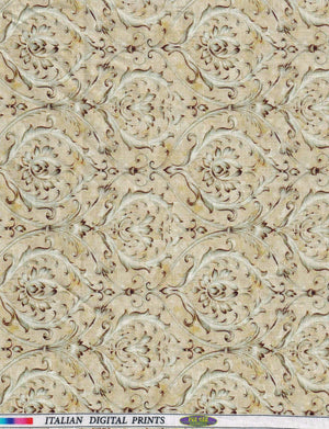 Beige fabric with intricate brown pattern, labeled 'Italian Digital Prints'.