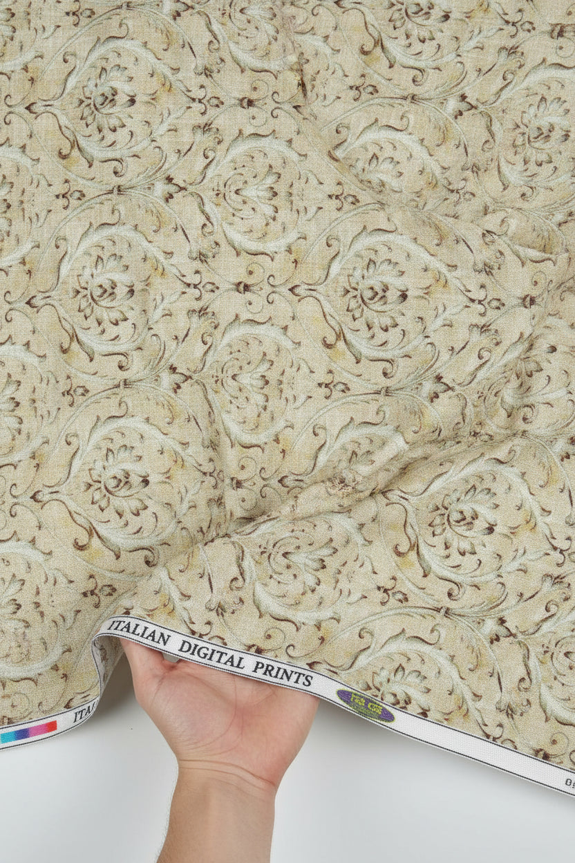 Beige fabric with intricate brown pattern, labeled 'Italian Digital Prints'.