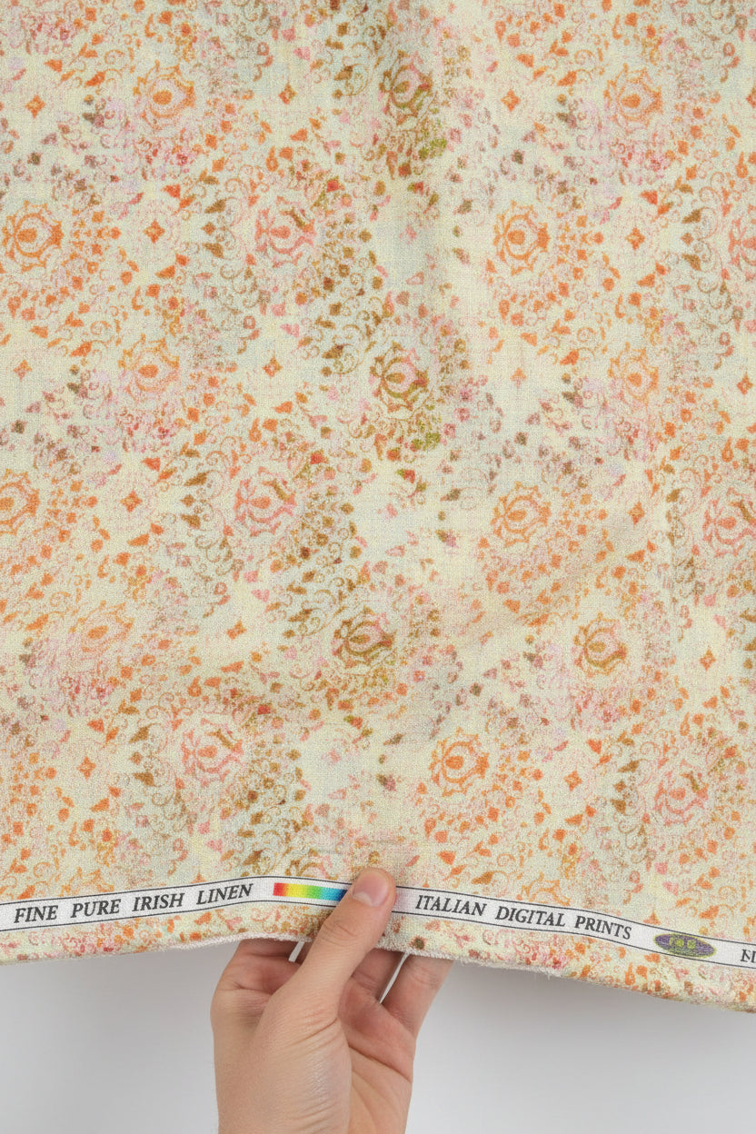 Floral patterned fabric with a visible brand label at the top.