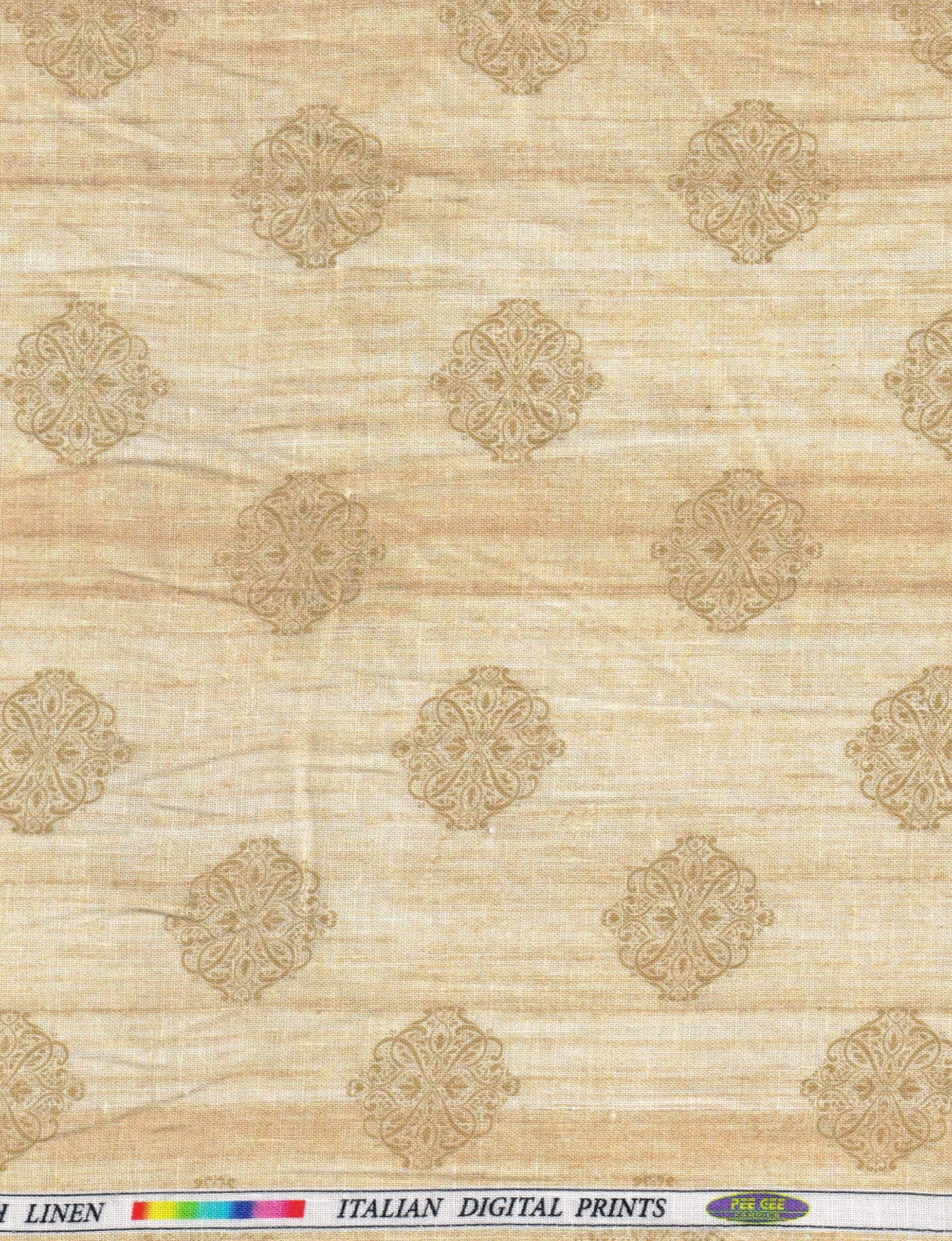 Textured beige fabric with decorative patterns on a color swatch background