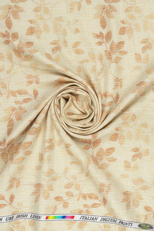 Fabric with leaf pattern and visible brand label at the top.