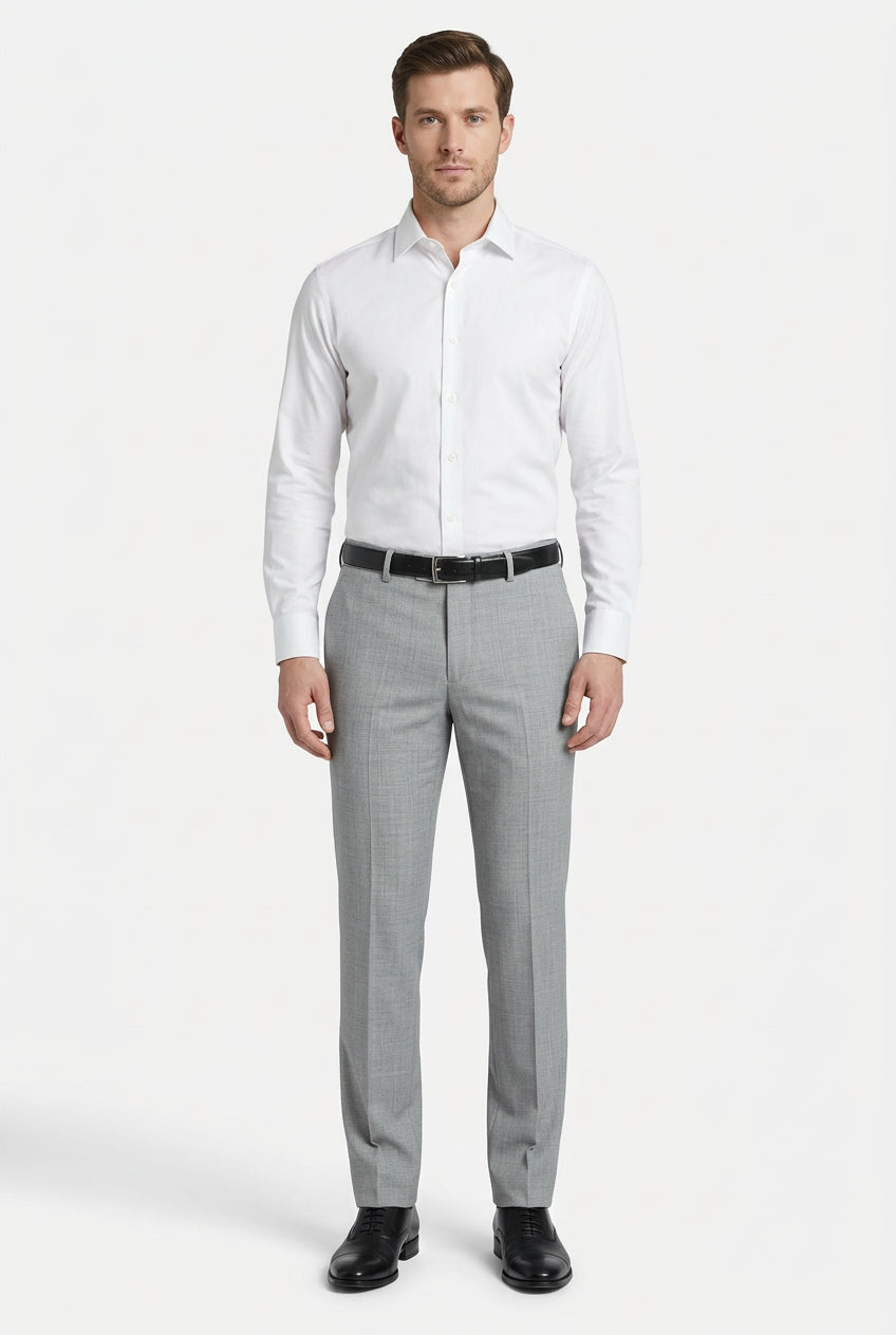 Light grey Arvind Lycra stretchable suiting fabric with a smooth texture and subtle weave pattern, ideal for tailored garments.