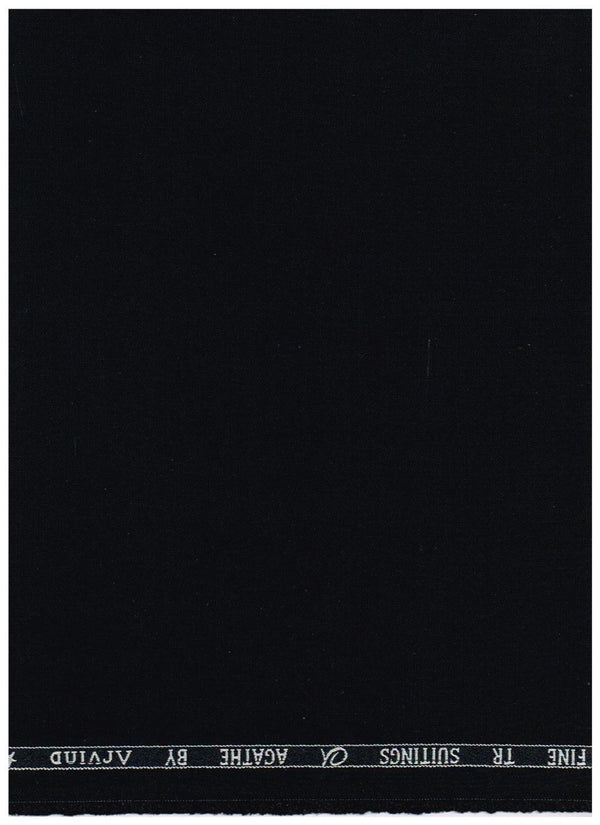 A close-up of black fabric with a narrow white printed header at the top reading 'FINE TR SUITINGS AGATHE BY AVIDIO'.