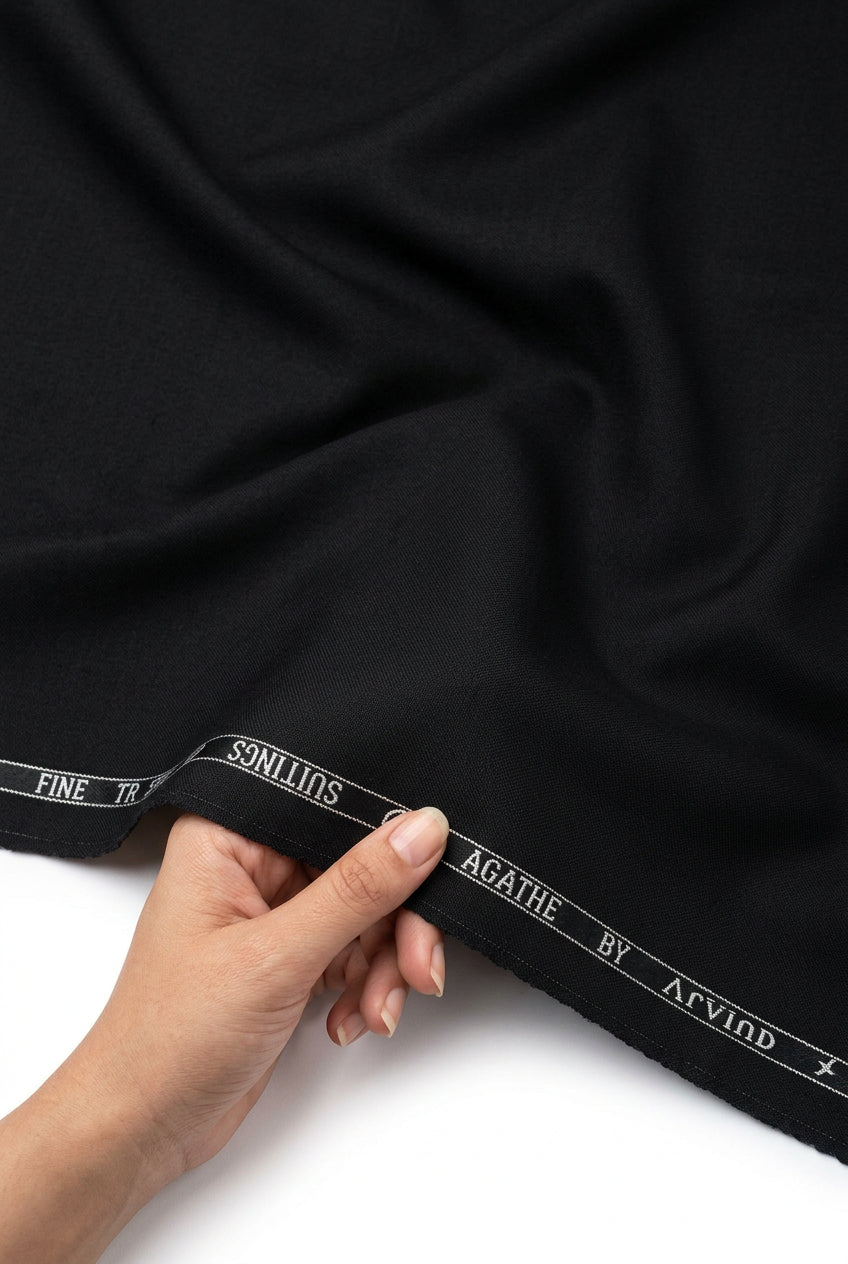 Black Arvind Terry Rayon Suiting Fabric showing soft, smooth texture and fabric details ideal for stylish traditional or formal wear