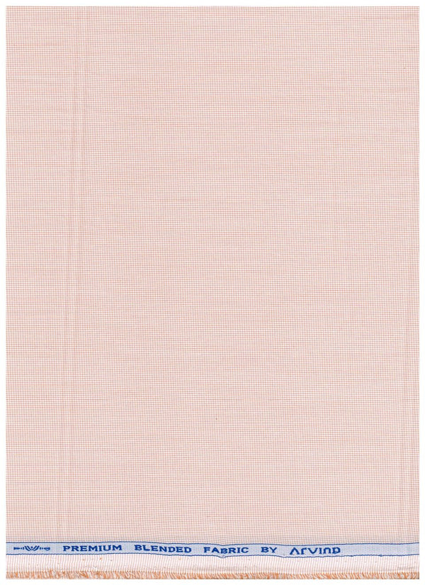 Light peach Arvind Signature cotton polycot shirt fabric with a smooth texture and subtle pattern, ideal for stylish shirts.
