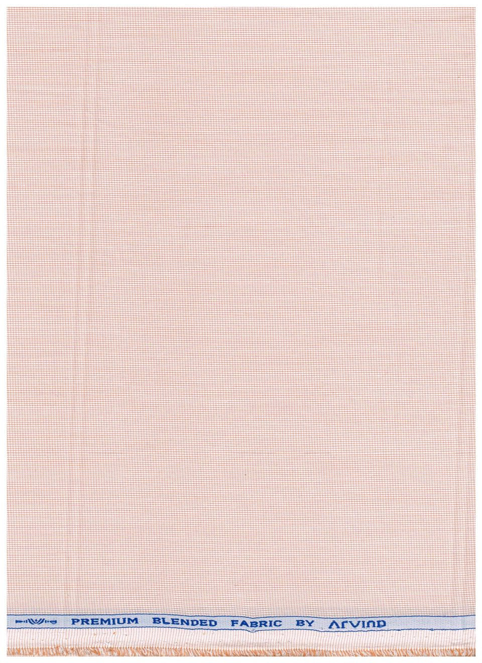 Light peach Arvind Signature cotton polycot shirt fabric with a smooth texture and subtle pattern, ideal for stylish shirts.