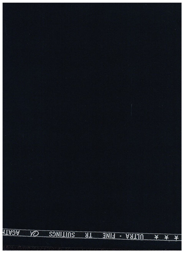 A close-up of a dark navy or near-black fabric swatch with a narrow white printed header at the top reading 'ULTRA - FINE TR SUITINGS AGATE'.