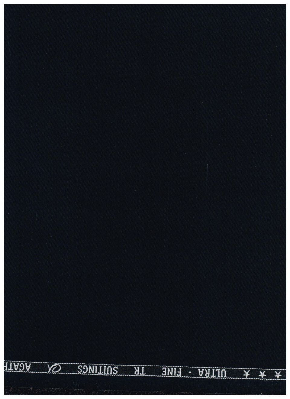 A close-up of a dark navy or near-black fabric swatch with a narrow white printed header at the top reading 'ULTRA - FINE TR SUITINGS AGATE'.