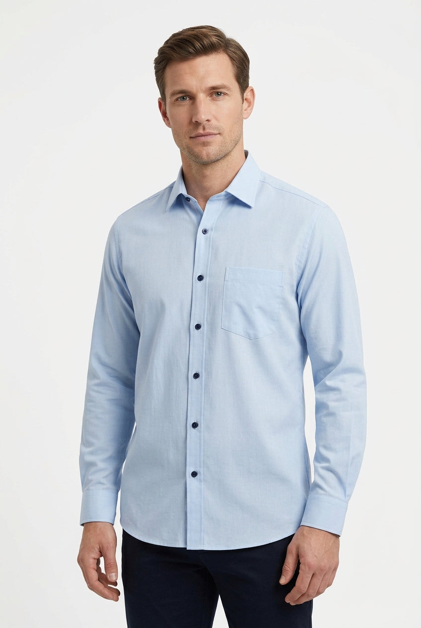 Blue Arvind Cotton Shirt Fabric from Fil-A-Fil collection, showing a close-up of the Tresca Giza cotton texture.