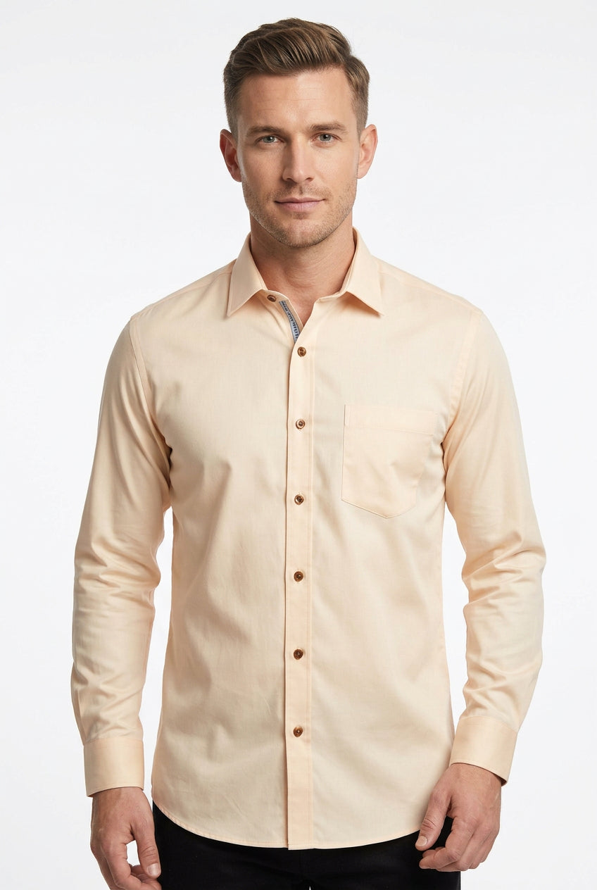 Peach Arvind cotton satin shirting fabric with a smooth texture, ideal for stylish and comfortable shirts.