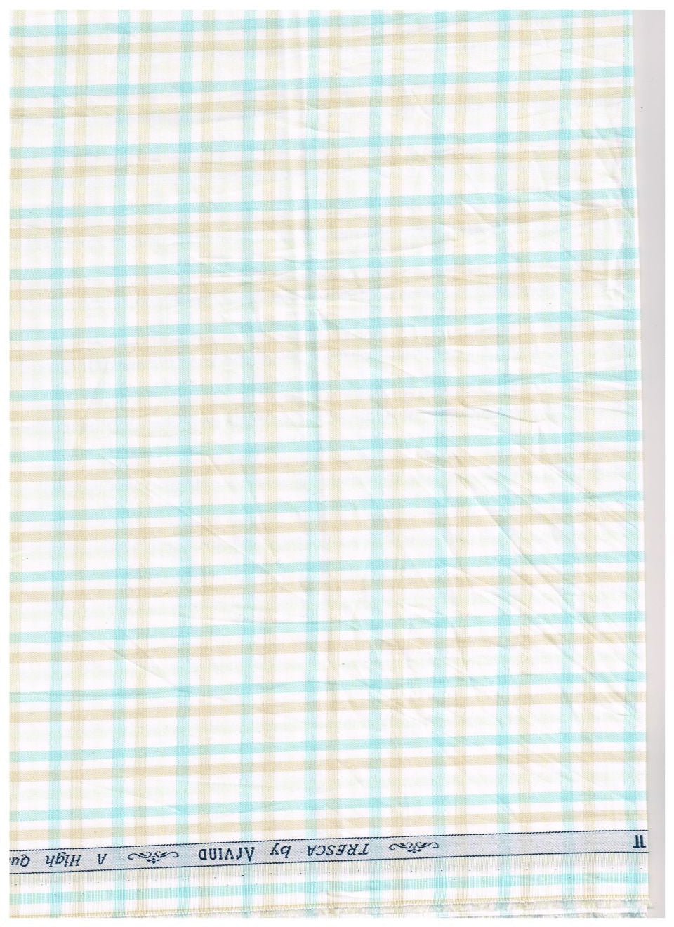 Green checkered Arvind Giza cotton shirt fabric with white checks, showcasing high-quality textile design.