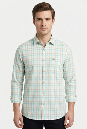 Arvind tresca giza cotton readymade shirt green checks on white