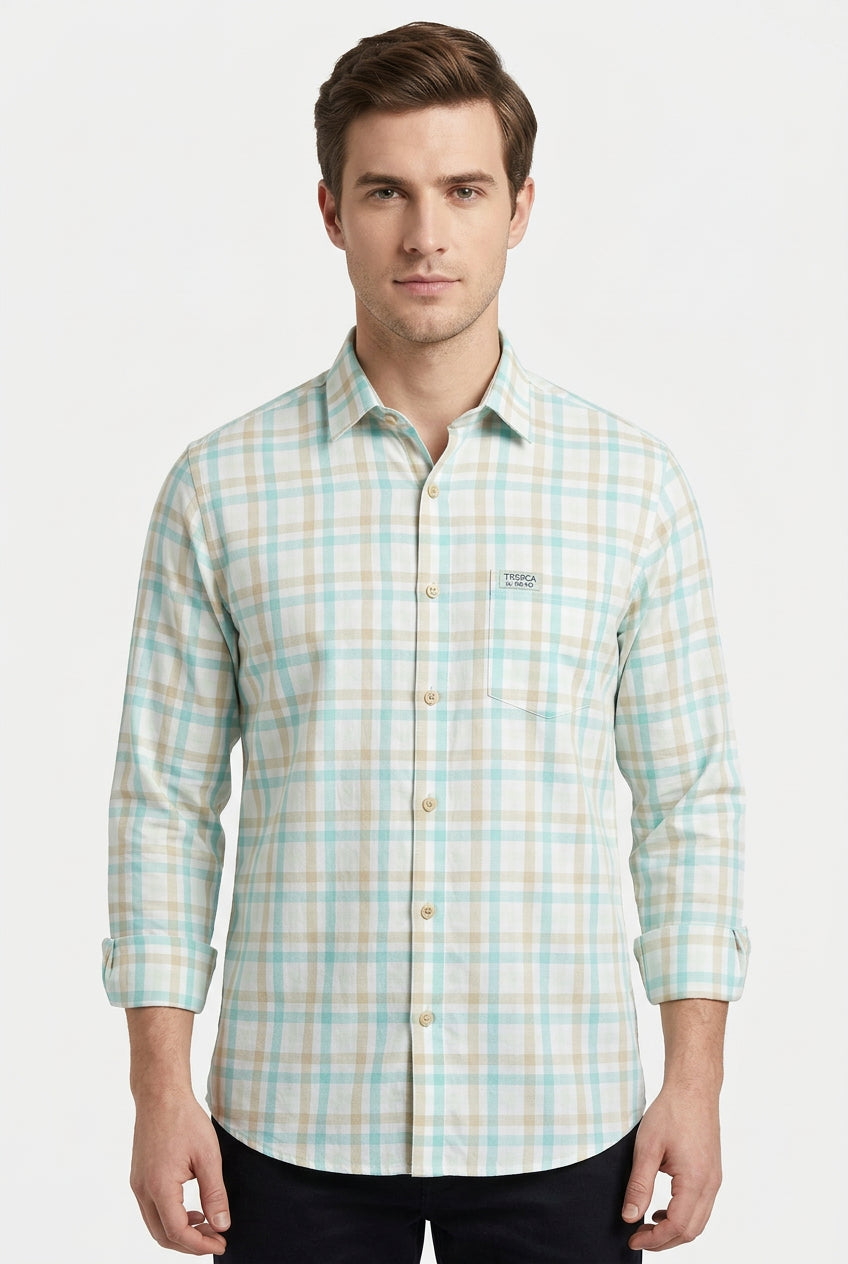 Arvind tresca giza cotton readymade shirt green checks on white