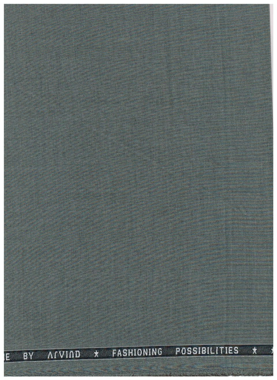 A close-up of a textured fabric swatch in a muted slate gray-green color, with a black waistband band at the top featuring white text that reads 'BY AVOID FASHIONING POSSIBILITIES'.