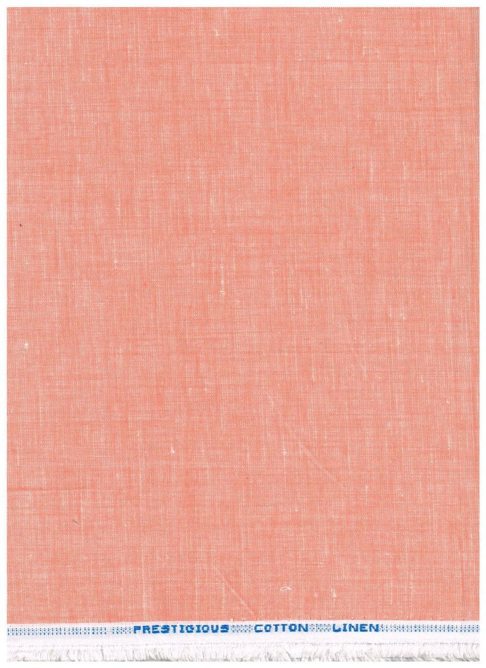 A square sample of textured cotton fabric in a warm coral or salmon pink color, with a white printed header strip at the top reading 'PRESTOIOUS COTTON LINEN'.