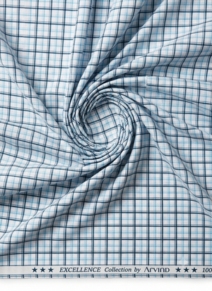 Light blue Arvind Checks Giza Cotton Shirting Fabric with a checkered pattern, suitable for dress shirts and casual wear.