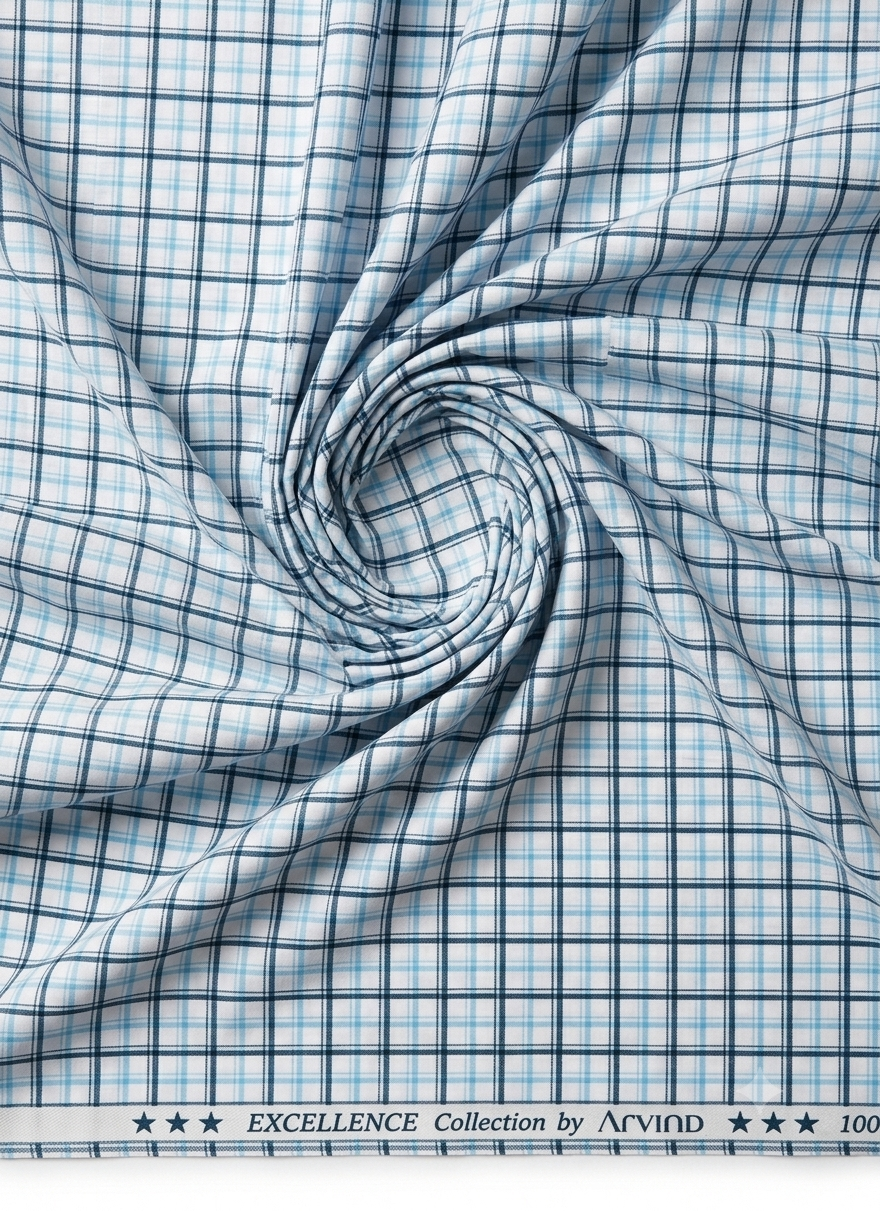 Light blue Arvind Checks Giza Cotton Shirting Fabric with a checkered pattern, suitable for dress shirts and casual wear.