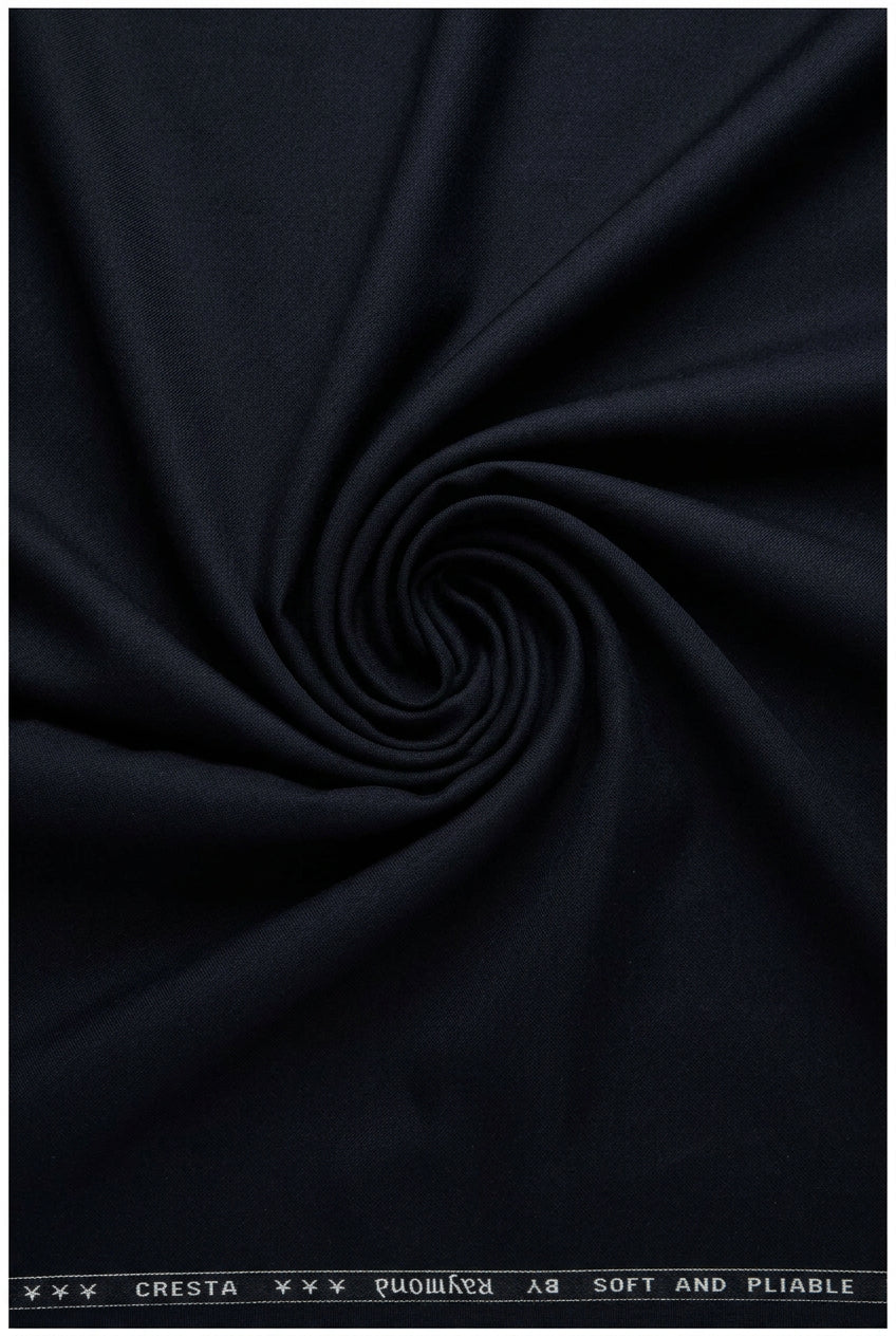 Blackish blue Raymond Terry rayon suiting fabric swatch with textured pattern and subtle sheen, ideal for tailored suits.