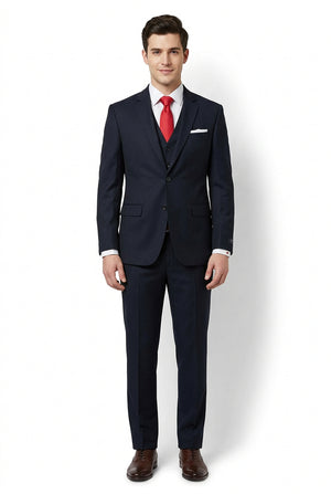 Blackish blue Raymond Terry rayon suiting fabric swatch with textured pattern and subtle sheen, ideal for tailored suits.