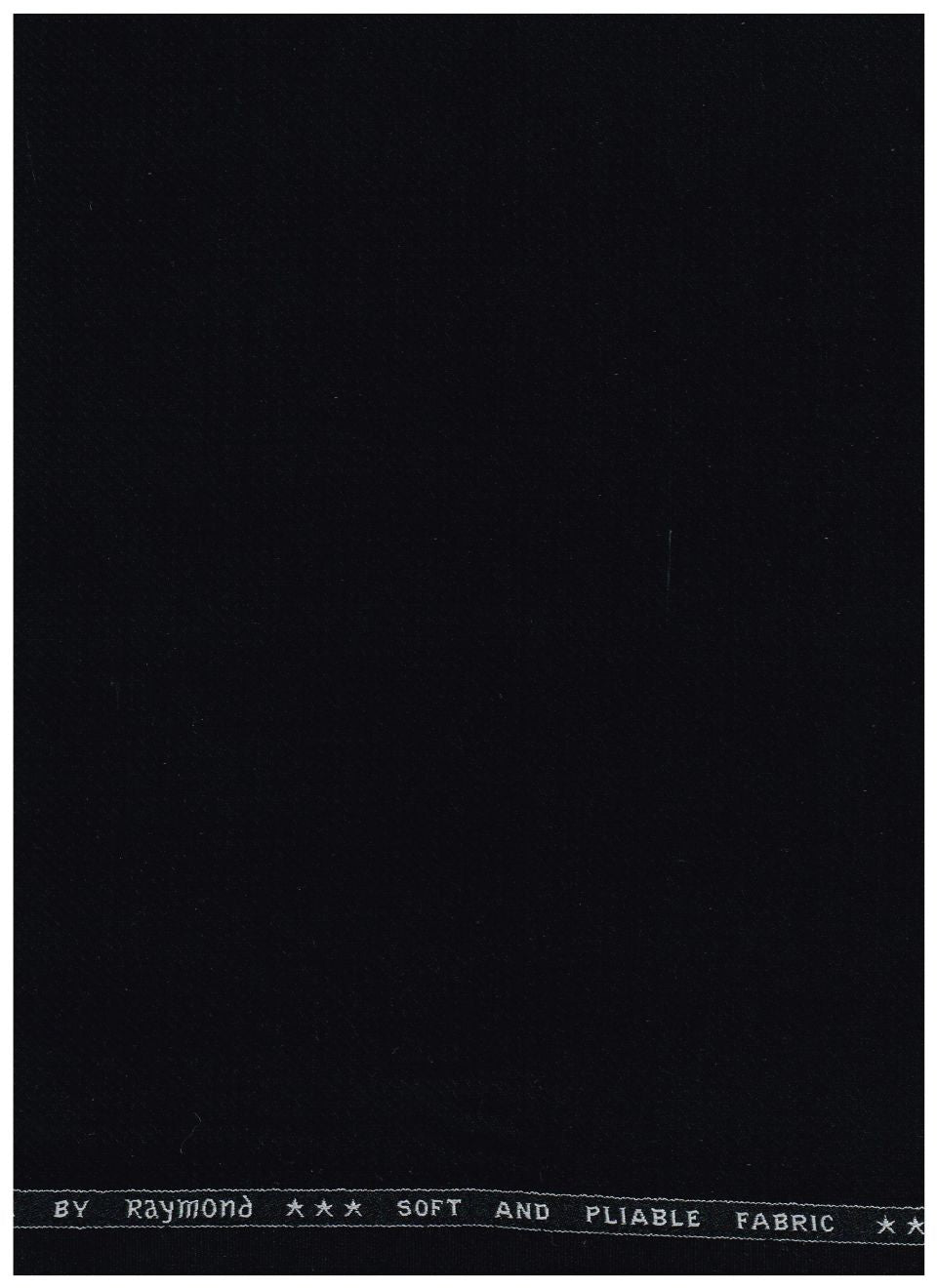 A solid black fabric sample with a white printed header at the top edge reading 'BY RAYMOND SOFT AND FLAIBLE FABRIC'.