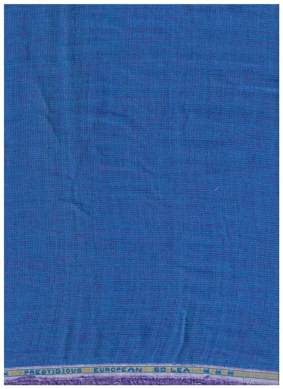 A close-up of a blue woven fabric with a visible waistband edge featuring the text 'PREMIER JERSEY EUROPEAN'.