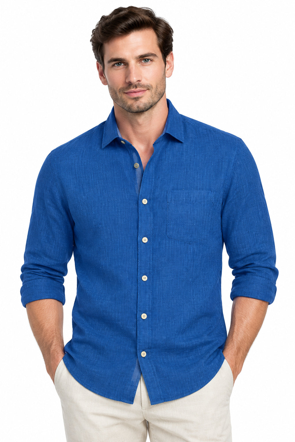 Blue Dobby linen fabric from European 60 LEA collection by Mensfabric, showcasing a textured pattern suitable for shirts.