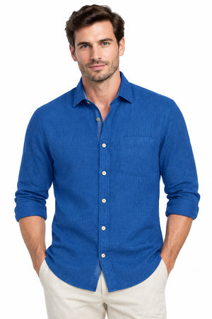 Blue Dobby linen fabric from European 60 LEA collection by Mensfabric, showcasing a textured pattern suitable for shirts.