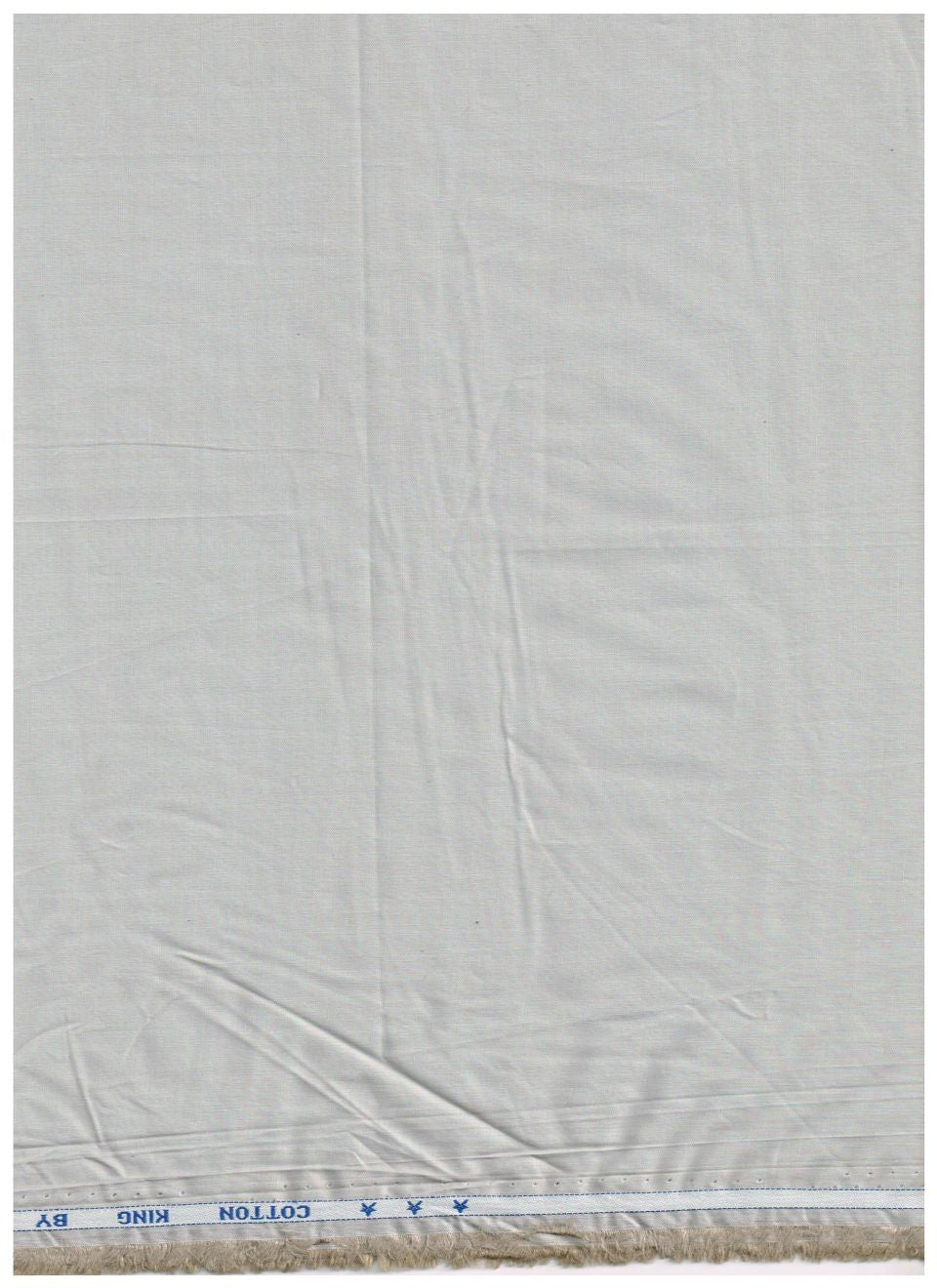 A close-up of light gray cotton fabric with a visible waistband and printed text reading 'COTTON KING BY' along the top edge.