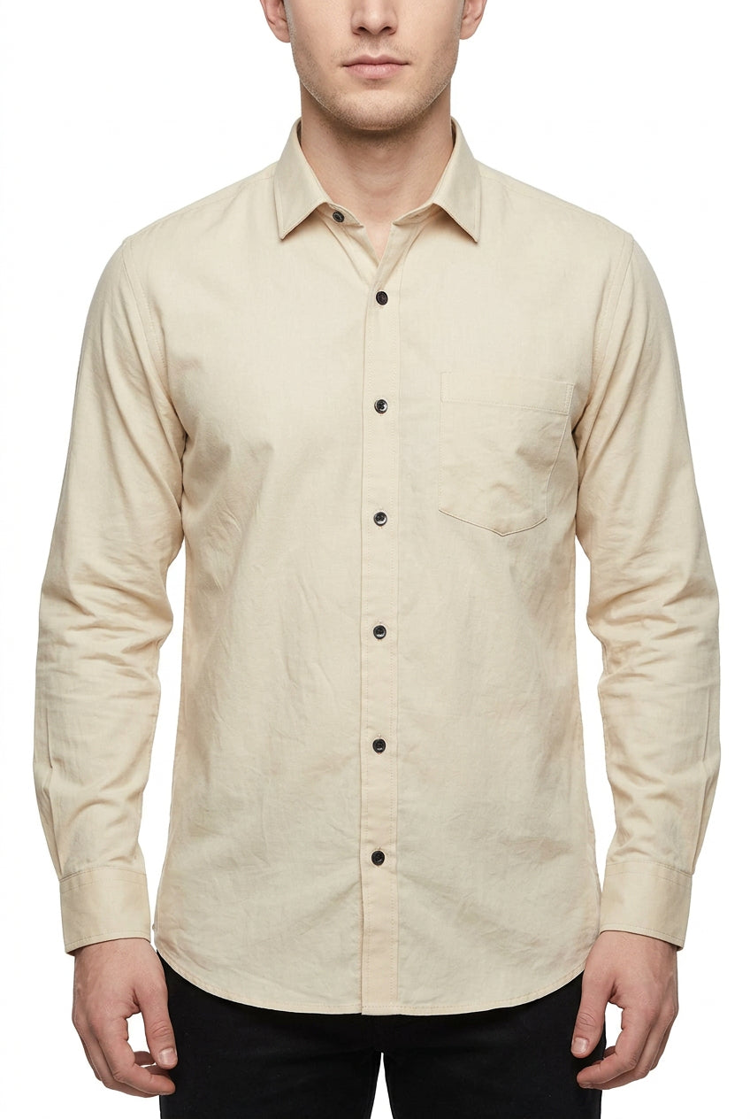Beige cotton shirting fabric from Mensfabric, showing a close-up of the smooth, high-quality Italian cotton material.