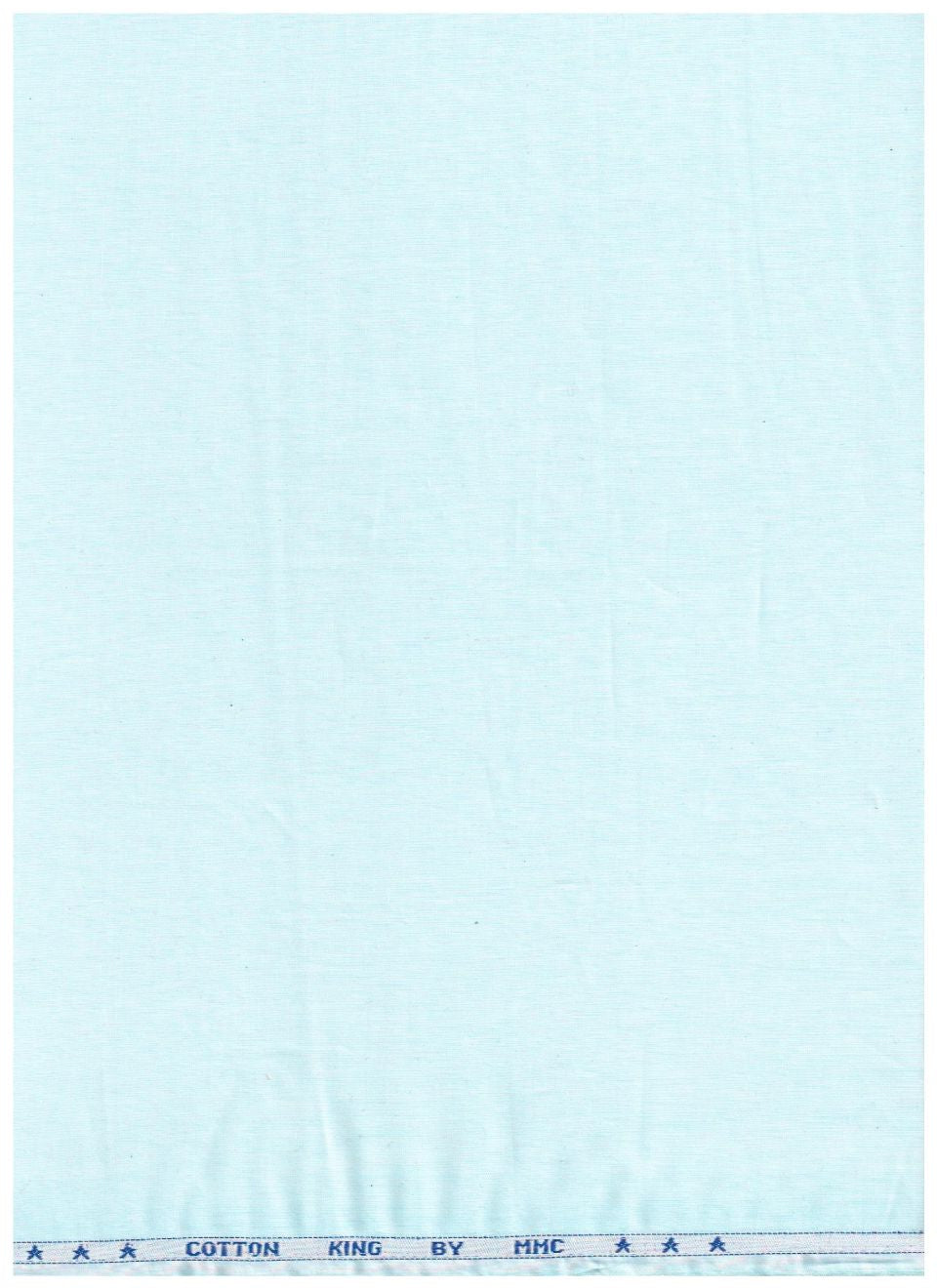 A light blue cotton fabric sheet with a narrow printed header at the top reading 'COTTON RING BY HFE' in blue text.