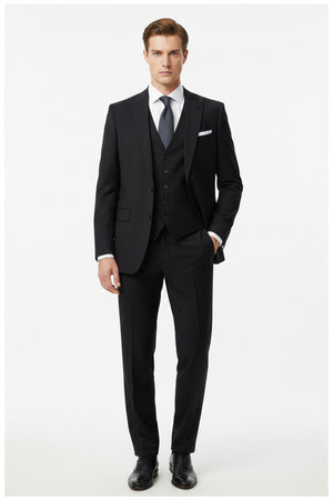 Black Mafatlal poly viscose trousers and suiting fabric shown in the image, highlighting the smooth, lightweight textile material.