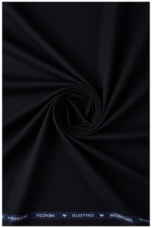 Black Mafatlal poly viscose trousers and suiting fabric draped on a hanger, showcasing the smooth texture and fabric details.