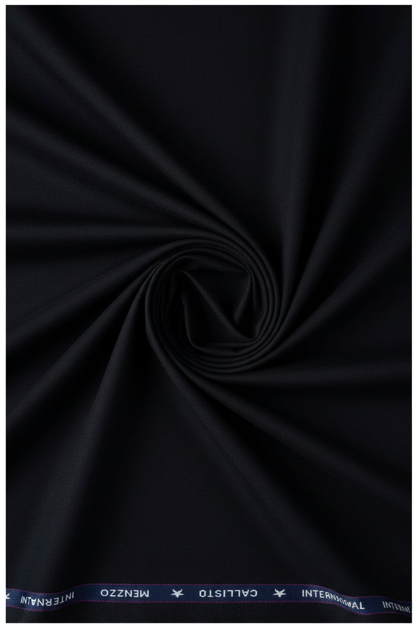 Black Mafatlal poly viscose trousers and suiting fabric draped on a hanger, showcasing the smooth texture and fabric details.