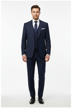 Mafatlal Supershot-17 navy blue poly viscose trousers and suiting fabric, shown in a close-up view.