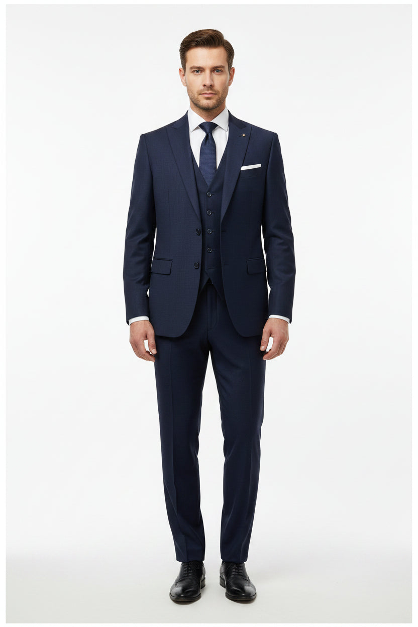Mafatlal Supershot-17 navy blue poly viscose trousers and suiting fabric, shown in a close-up view.