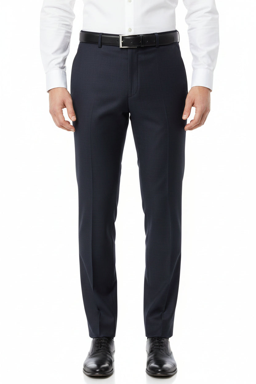 Navy blue Mafatlal Supershot-17 poly viscose trousers and suiting fabric displayed, showcasing smooth texture and fabric detail