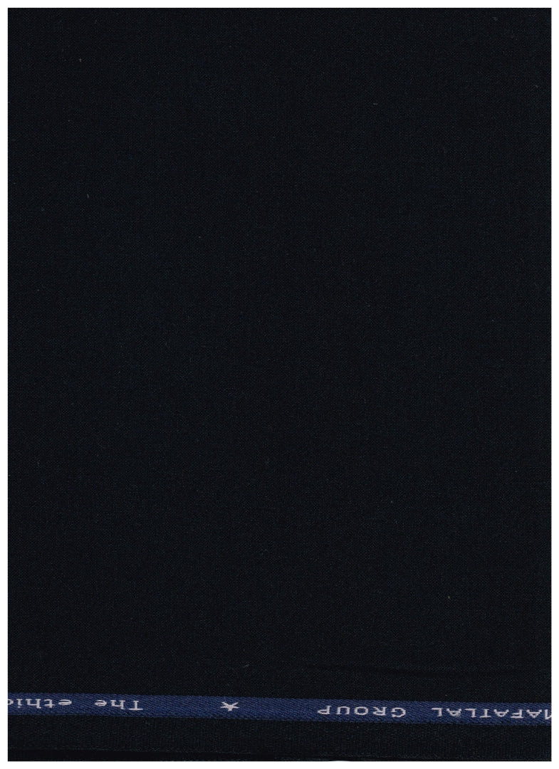 Navy blue Mafatlal Supershot-17 poly viscose trousers and suiting fabric, showcasing the textured fabric and tailored design.