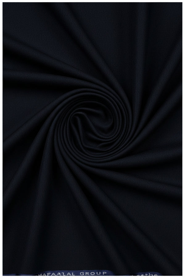 Navy blue Mafatlal Super Shot poly viscose suiting fabric, close-up of textured woven material for formal and casual wear.