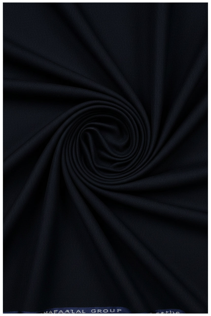 Navy blue Mafatlal Supershot-17 poly viscose trousers and suiting fabric shown in close-up detail.