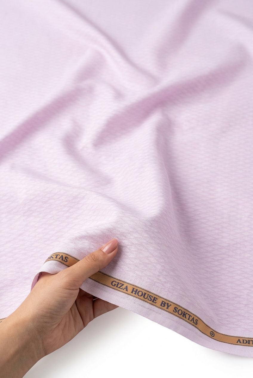 soktas giza cotton dobby lavender color shirt fabric handfeel mockup
