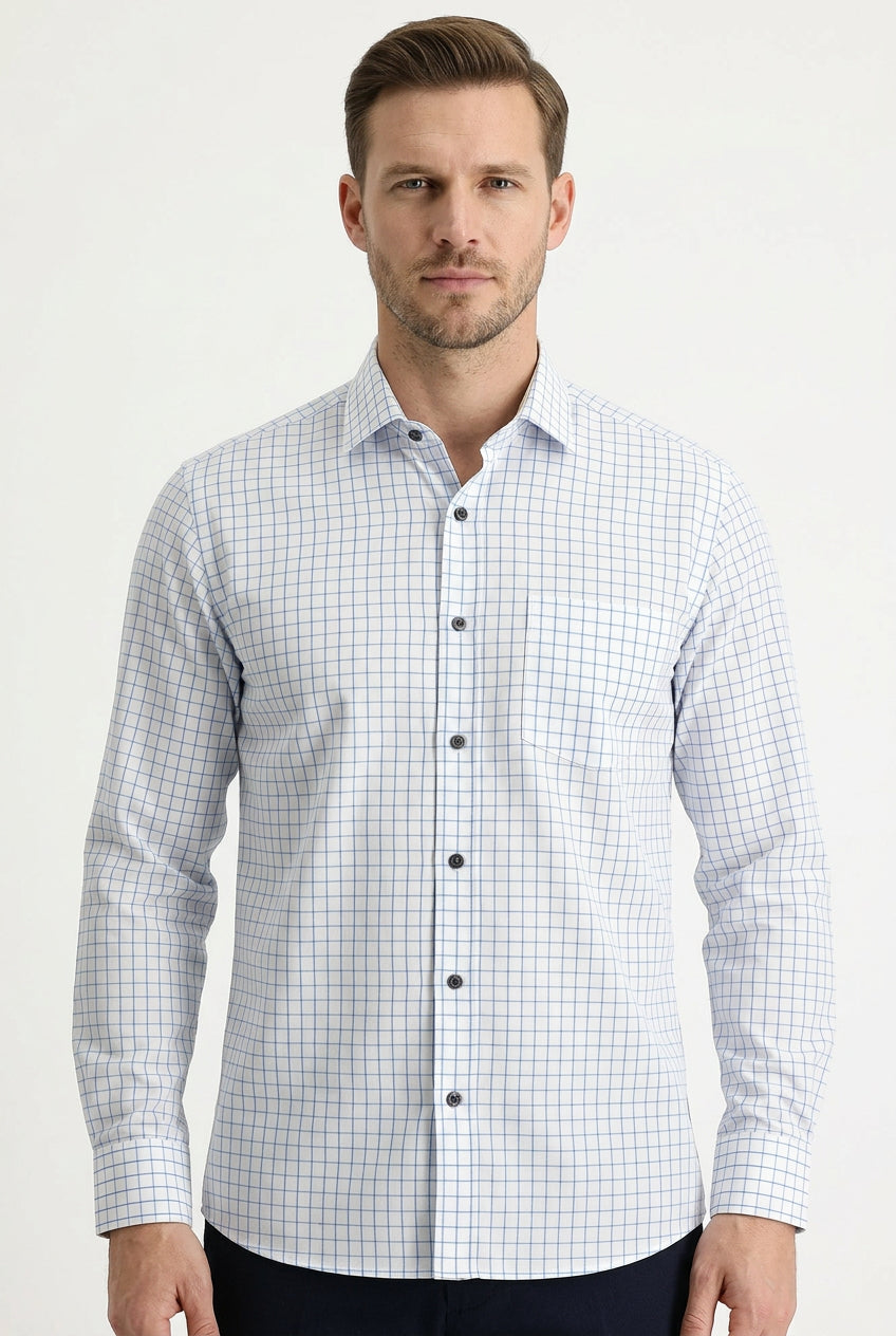 soktas giza cotton blue checks on white background radymade shirt 