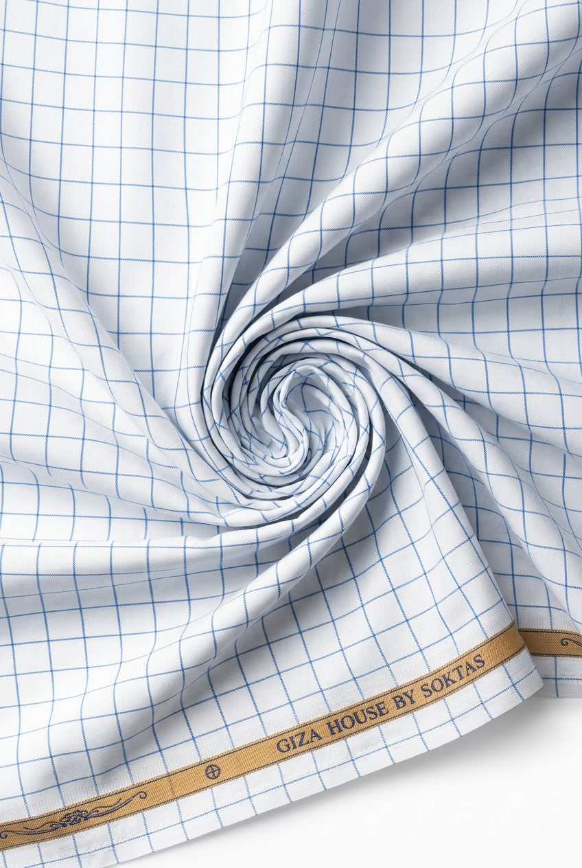 soktas giza cotton blue checks on white background shirt mockup