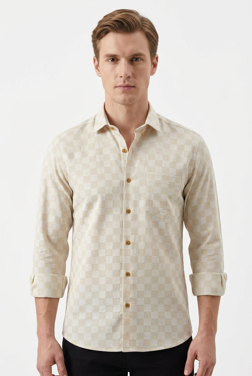SOKTAS GIZA COTTON SELF CHECKS BEIGE READYMADE SHIRT 