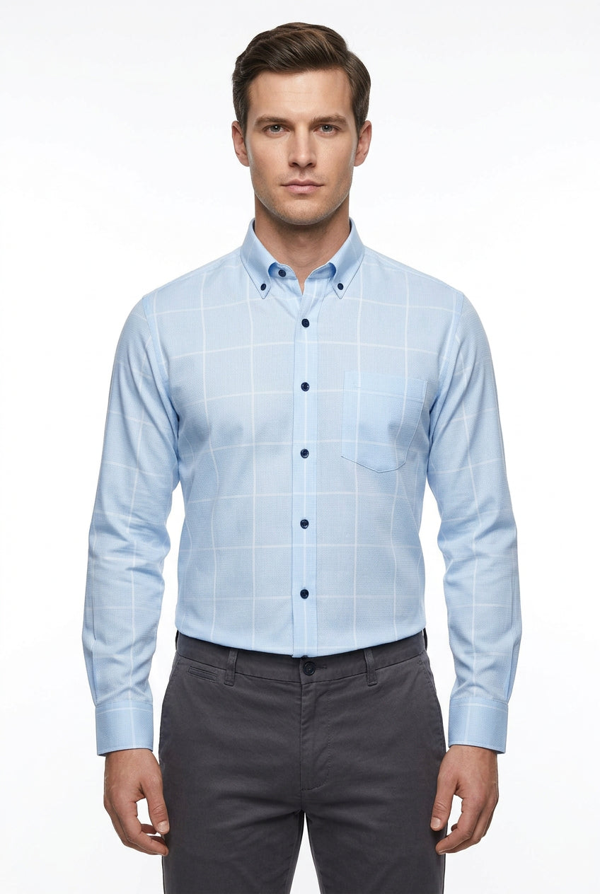 SOKTAS GIZA COTTON DOBBY SELF CHECKS BLUE READYMADE SHIRT 