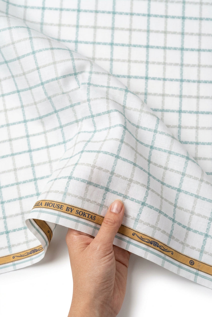 soktas giza cotton self checks green and grey checks on white background handfeel mockup