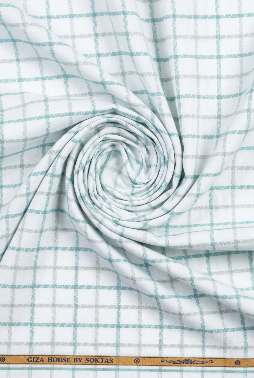 soktas giza cotton self checks green and grey checks on white background 