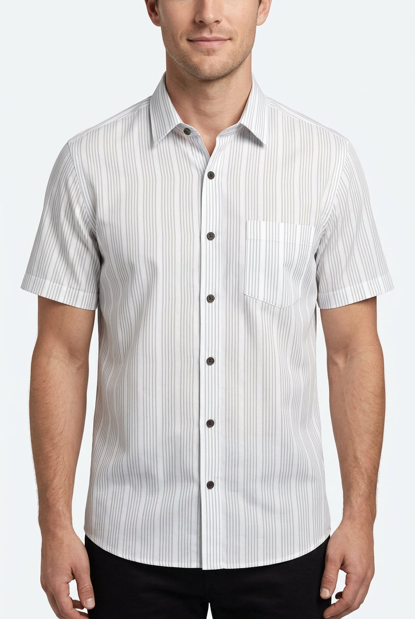 Soktas Giza Cotton Shirting Fabric - Micro Stripe - Grey on White Background